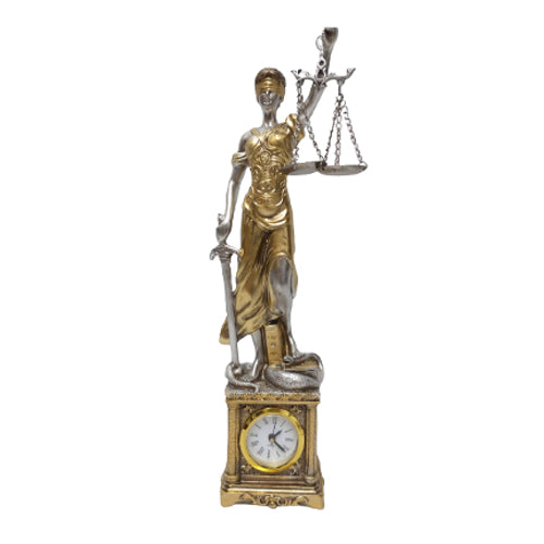Estatueta Dama da Justiça c/ Relógio em Resina divindade,estatuetas,gregas,temis,unisex