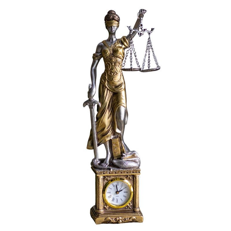 Estatueta Dama da Justiça c/ Relógio em Resina divindade,estatuetas,gregas,temis,unisex