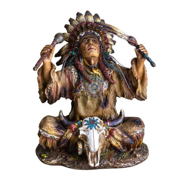 Estatueta Índio Sioux em Ritual em Resina 24cm cacique,eles,estatuetas,sioux,xama